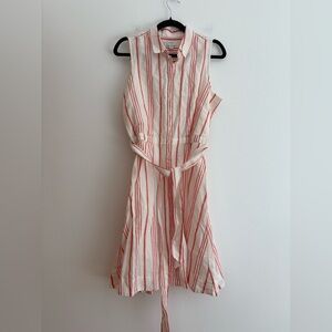 J Crew Factory Linen Blend Striped Midi Shirt Dress Button White Pink Beach 10